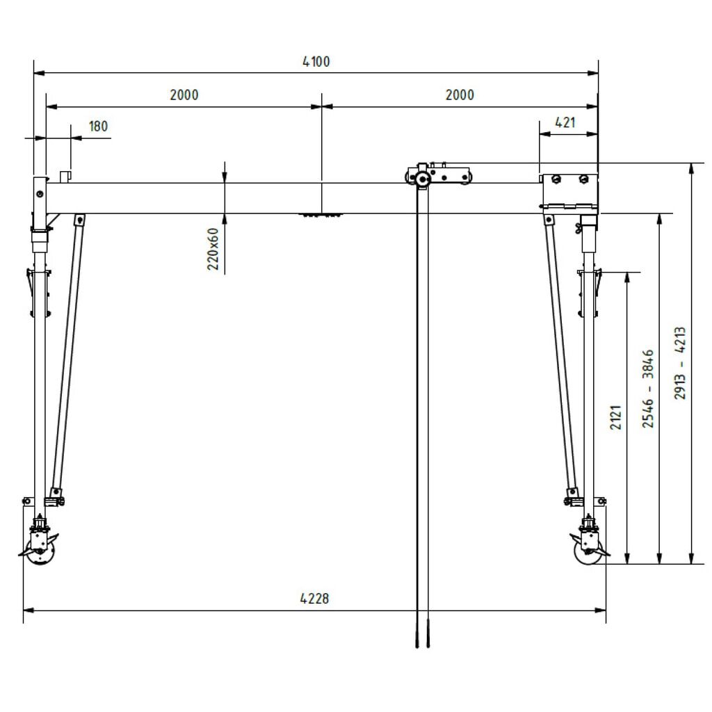 Productafbeelding nr. 2: SCHILLING aluminium portaalkraan met deelbare dubbele traverse, verrijdbaar, inhaakpunt 2.813-4.113 mm, lengte 4.000 mm, draagvermogen 1.500 kg