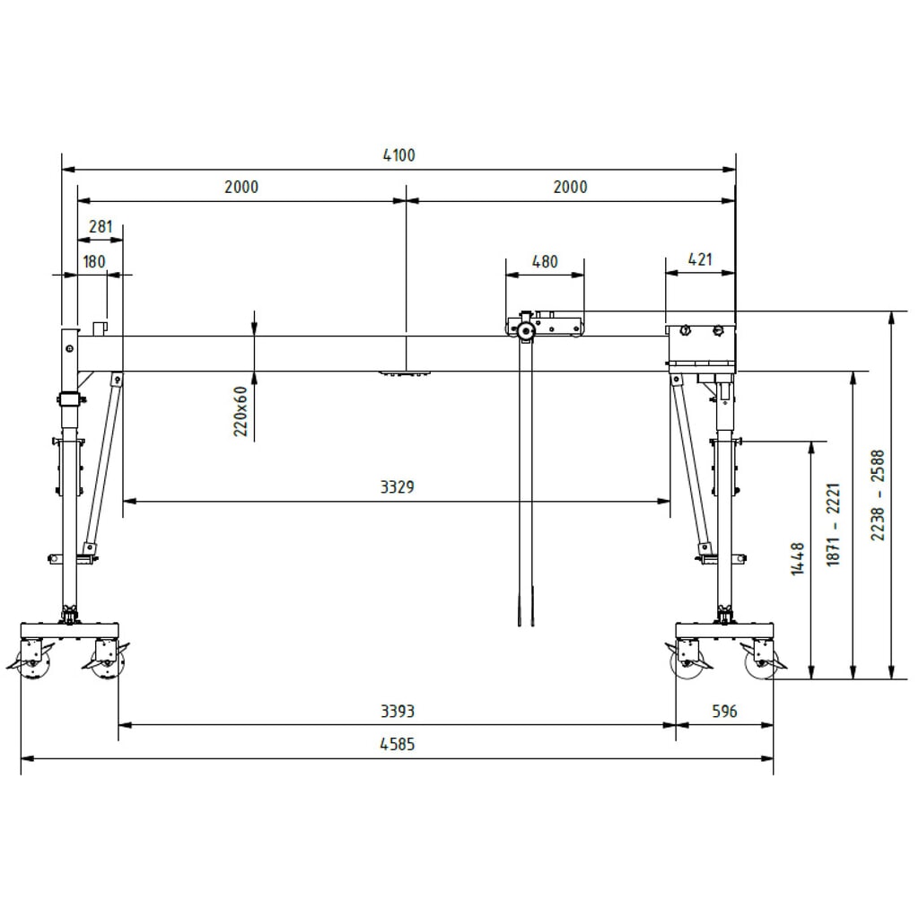 SCHILLING aluminium portaalkraan met deelbare dubbele traverse, verrijdbaar, inhaakpunt 2.138-2.488 mm, lengte 4.000 mm, draagvermogen 3.000 kg Productafbeelding nr. 2: SCHILLING aluminium portaalkraan met deelbare dubbele traverse, verrijdbaar, inhaakpunt 2.138-2.488 mm, lengte 4.000 mm, draagvermogen 3.000 kg
