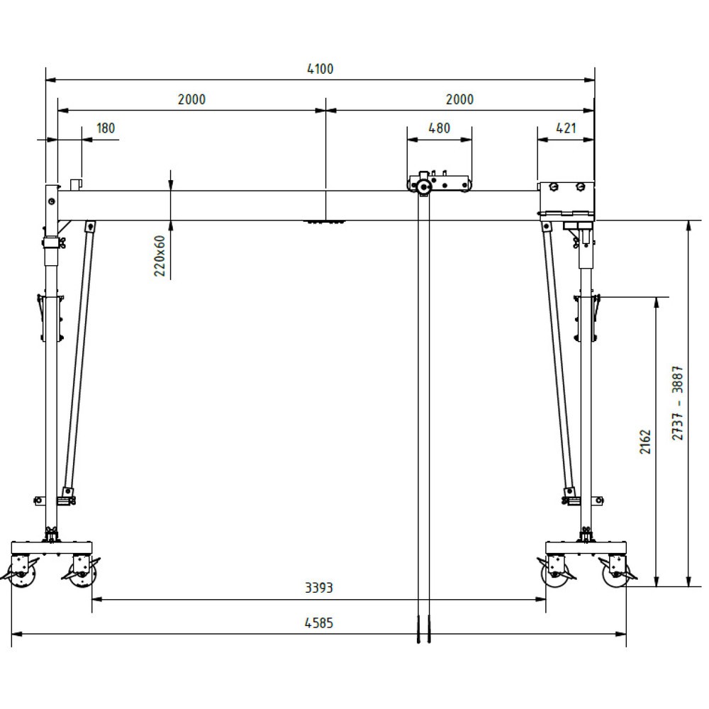 Productafbeelding nr. 7: SCHILLING aluminium portaalkraan met deelbare dubbele traverse, verrijdbaar, inhaakpunt 3.003-4.153 mm, lengte 4.000 mm, draagvermogen 2.000 kg
