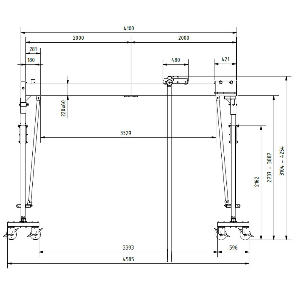 Productafbeelding nr. 7: SCHILLING aluminium portaalkraan met deelbare dubbele traverse, verrijdbaar, inhaakpunt 3.003-4.153 mm, lengte 4.000 mm, draagvermogen 3.000 kg