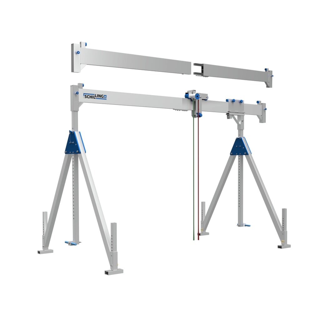 Aluminium portaalkraan met scheidbare steun, bevestigingspunt 2.310-4.010 mm, lengte 5.000 mm, laadcapaciteit 1.500 kg Product afbeelding: Aluminium portaalkraan met scheidbare steun, bevestigingspunt 2.310-4.010 mm, lengte 5.000 mm, laadcapaciteit 1.500 kg