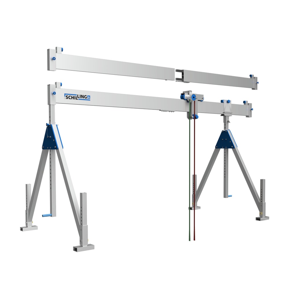 Product afbeelding: Aluminium portaalkraan met scheidbare drager, bevestigingspunt 1.249-2.349 mm, lengte 4.000 mm, laadcapaciteit 1.000 kg