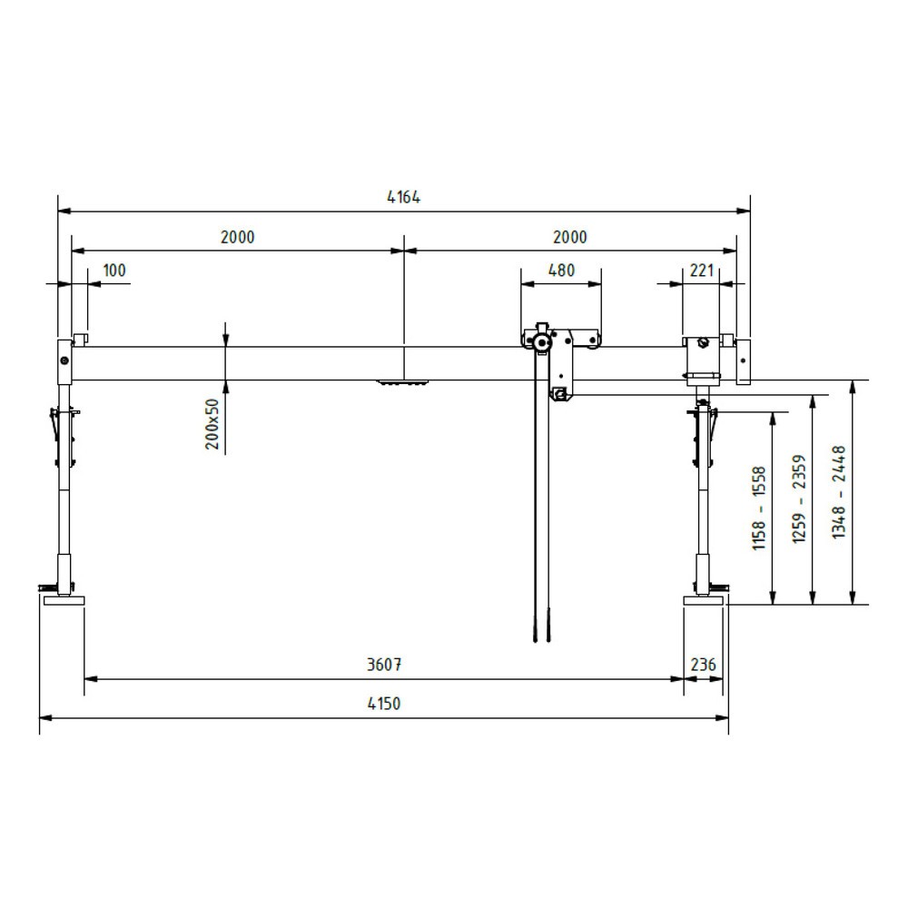 Productafbeelding nr. 3: Aluminium portaalkraan met scheidbare drager, bevestigingspunt 1.249-2.349 mm, lengte 4.000 mm, laadcapaciteit 1.000 kg