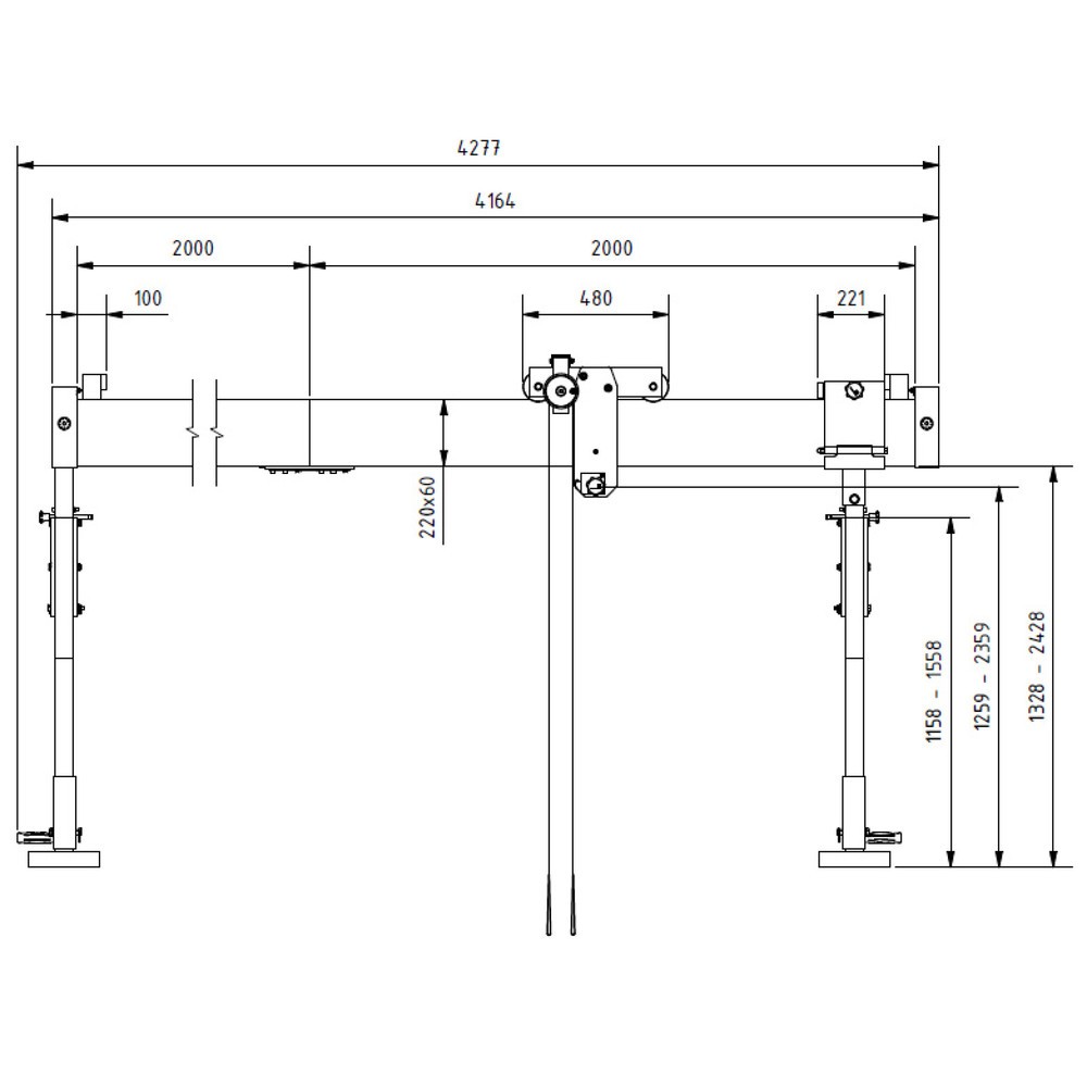 Productafbeelding nr. 3: Aluminium portaalkraan met scheidbare drager, bevestigingspunt 1.259-2.359 mm, lengte 4.000 mm, laadcapaciteit 1.500 kg