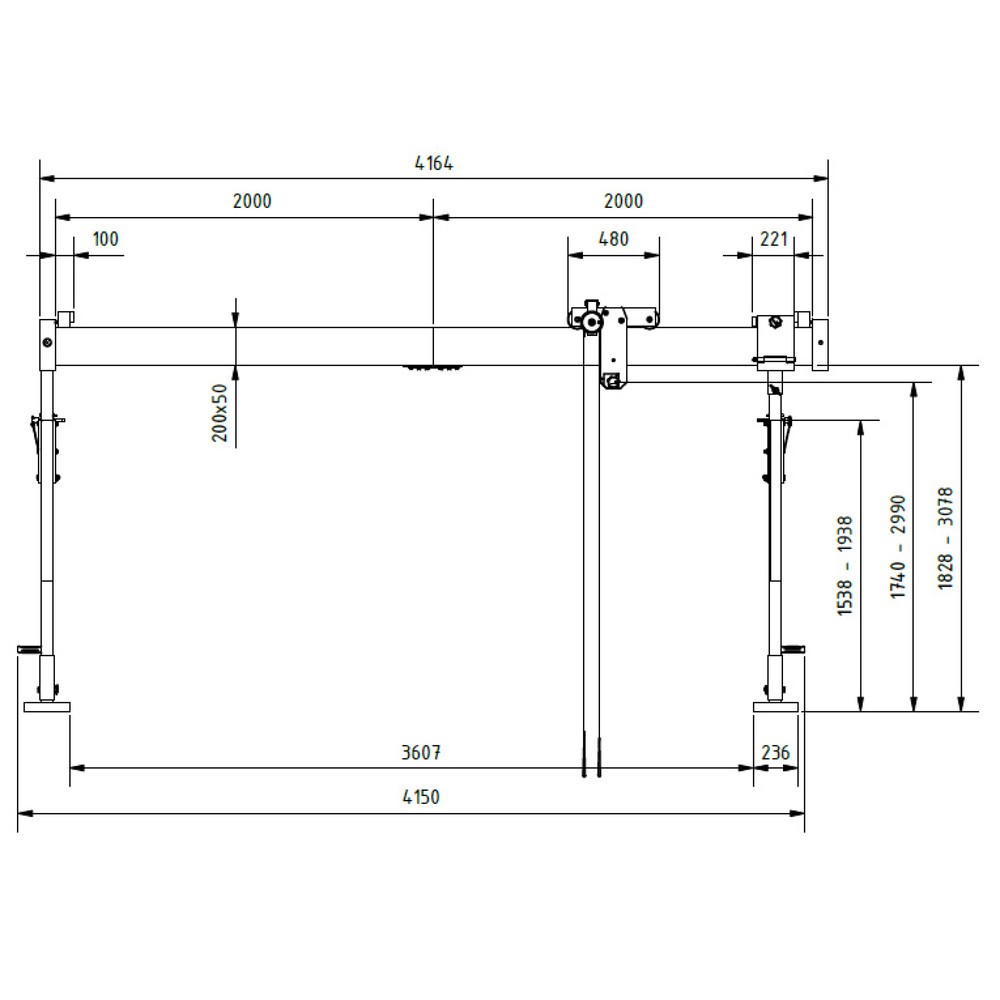 Productafbeelding nr. 3: Aluminium portaalkraan met scheidbare drager, bevestigingspunt 1.730-2.980 mm, lengte 4.000 mm, laadcapaciteit 1.000 kg