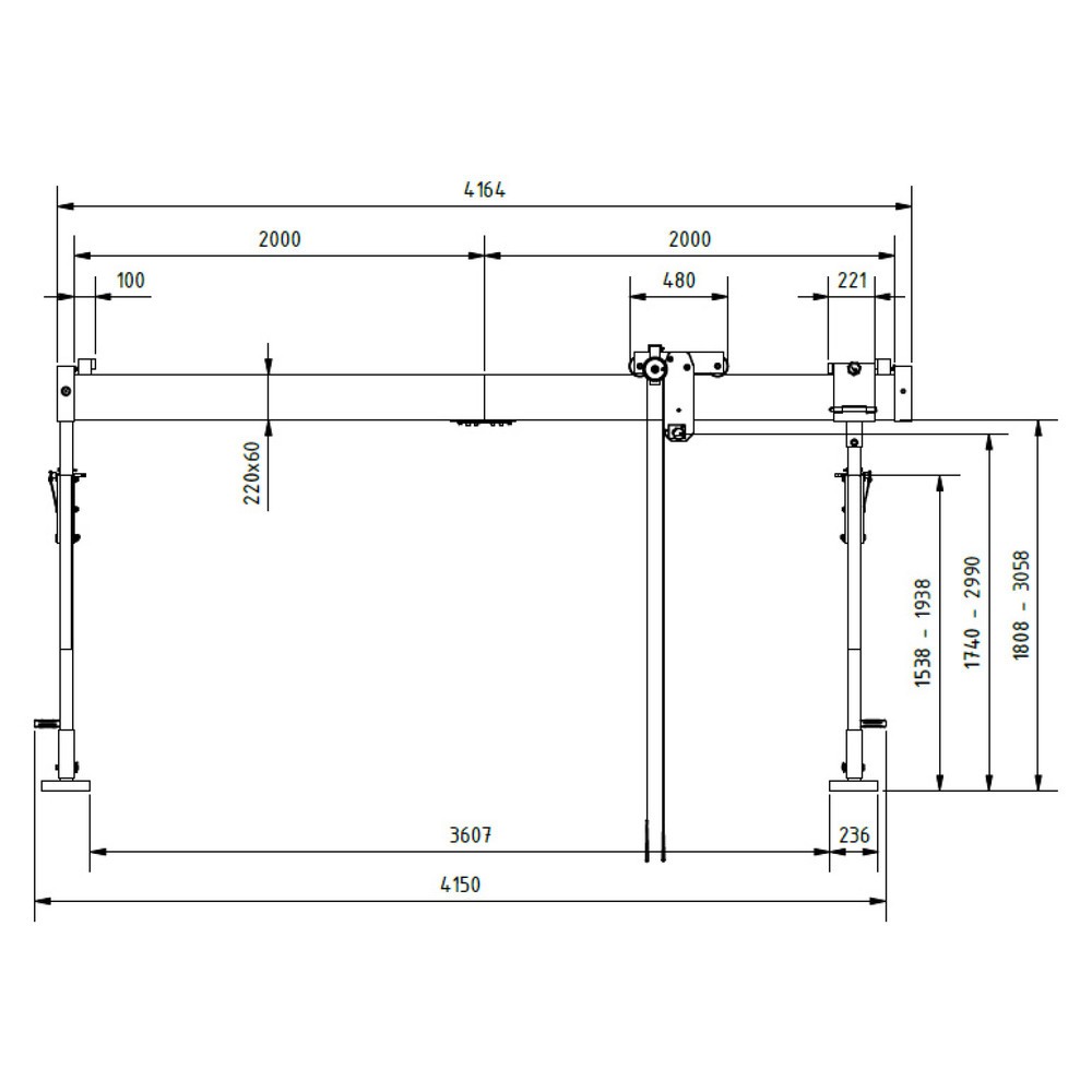 Productafbeelding nr. 3: Aluminium portaalkraan met scheidbare steun, bevestigingspunt 1.730-2.980 mm, lengte 4.000 mm, laadcapaciteit 1.500 kg