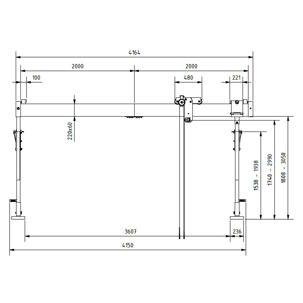 Productafbeelding nr. 2: Aluminium portaalkraan met scheidbare steun, bevestigingspunt 1.730-2.980 mm, lengte 4.000 mm, laadcapaciteit 1.500 kg