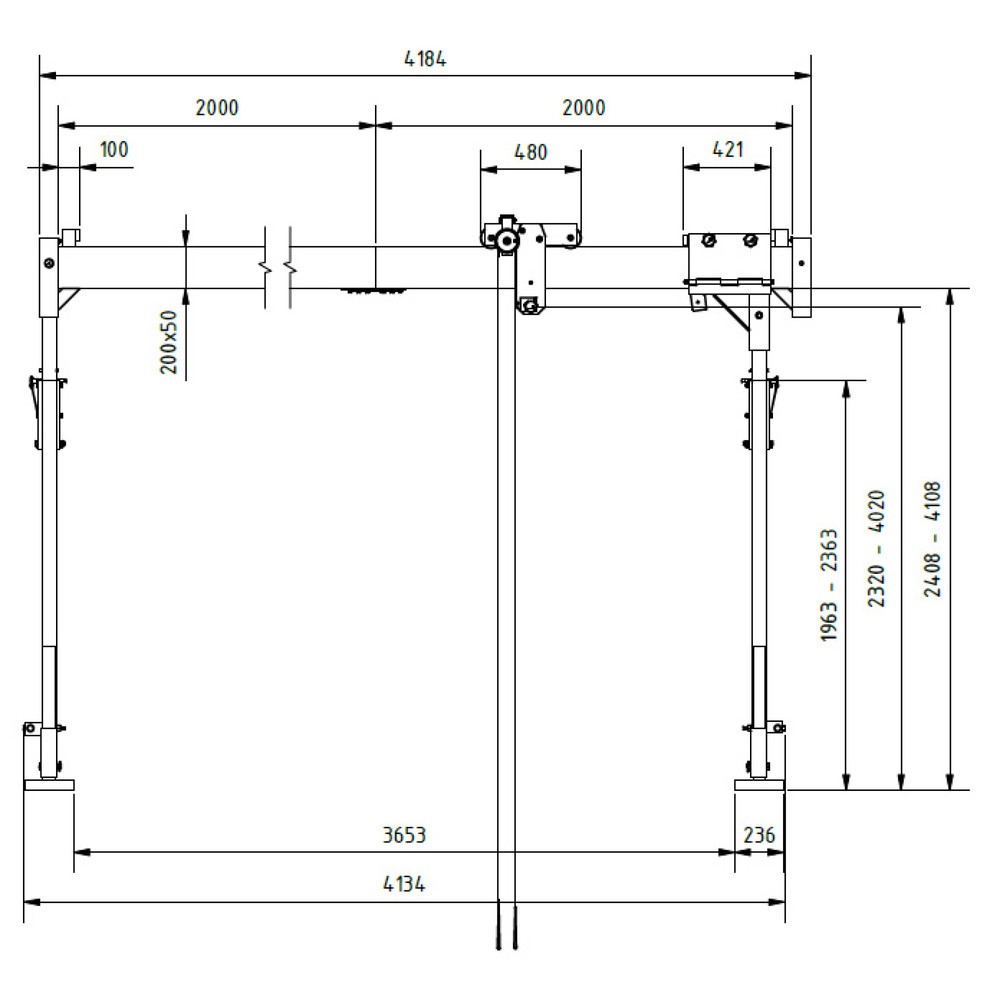 Productafbeelding nr. 3: Aluminium portaalkraan met scheidbare drager, bevestigingspunt 2.310-4.010 mm, lengte 4.000 mm, laadcapaciteit 1.000 kg