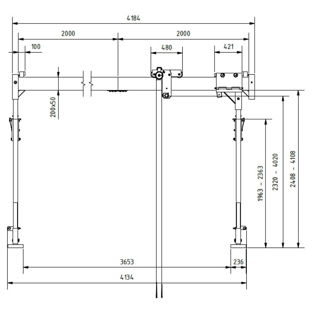 Productafbeelding nr. 2: Aluminium portaalkraan met scheidbare drager, bevestigingspunt 2.310-4.010 mm, lengte 4.000 mm, laadcapaciteit 1.000 kg