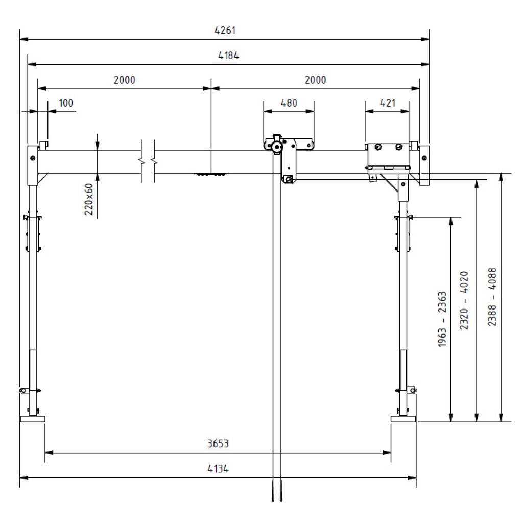 Aluminium portaalkraan met scheidbare steun, bevestigingspunt 2.310-4.010 mm, lengte 4.000 mm, laadcapaciteit 1.500 kg Productafbeelding nr. 2: Aluminium portaalkraan met scheidbare steun, bevestigingspunt 2.310-4.010 mm, lengte 4.000 mm, laadcapaciteit 1.500 kg