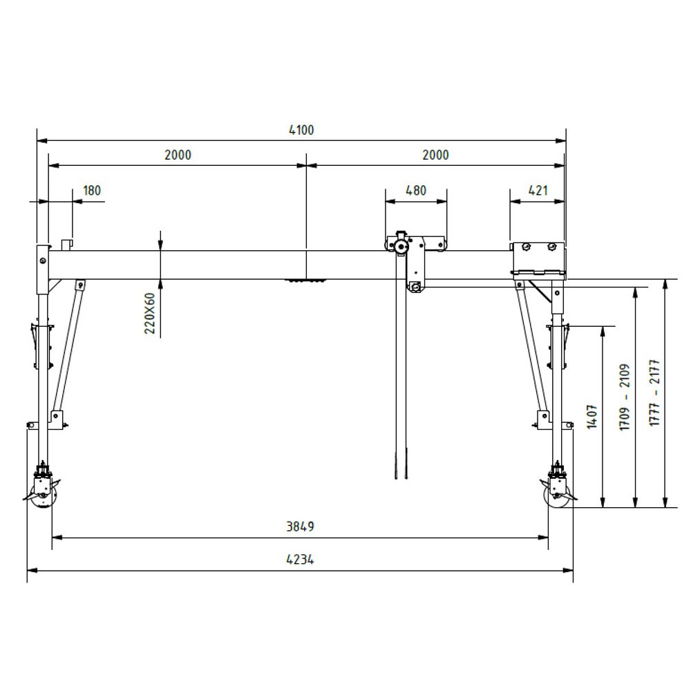 Productafbeelding nr. 3: Aluminium portaalkraan met scheidbare drager, beweegbaar, bevestigingspunt 1.699-2.099 mm, lengte 4.000 mm, laadcapaciteit 1.000 kg