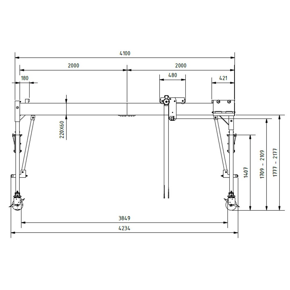 Productafbeelding nr. 3: Aluminium portaalkraan met scheidbare steun, beweegbaar, bevestigingspunt 1.699-2.099 mm, lengte 4.000 mm, laadcapaciteit 1.500 kg