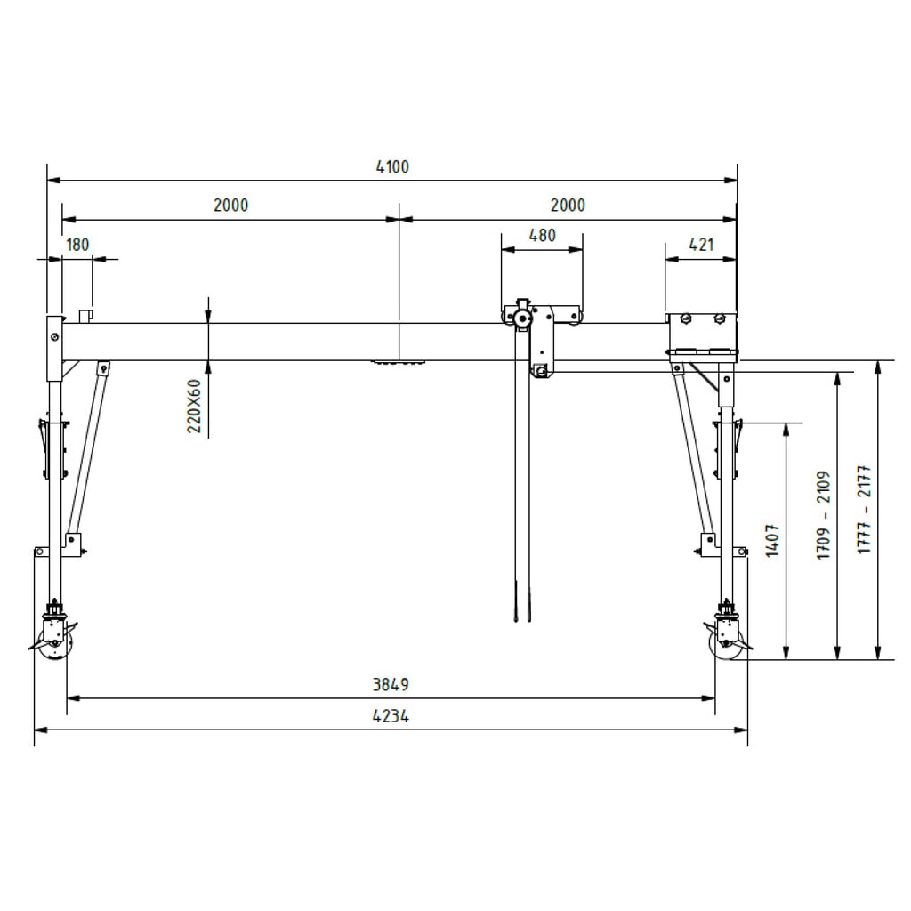Productafbeelding nr. 2: Aluminium portaalkraan met scheidbare steun, beweegbaar, bevestigingspunt 1.699-2.099 mm, lengte 4.000 mm, laadcapaciteit 1.500 kg