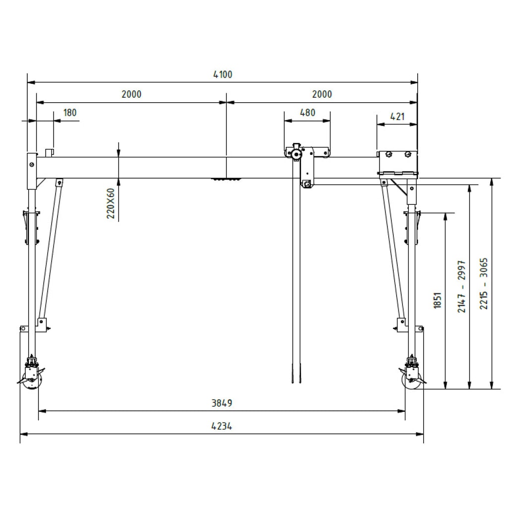Productafbeelding nr. 2: Aluminium portaalkraan met scheidbare drager, beweegbaar, bevestigingspunt 2.137-2.987 mm, lengte 4.000 mm, laadcapaciteit 1.000 kg