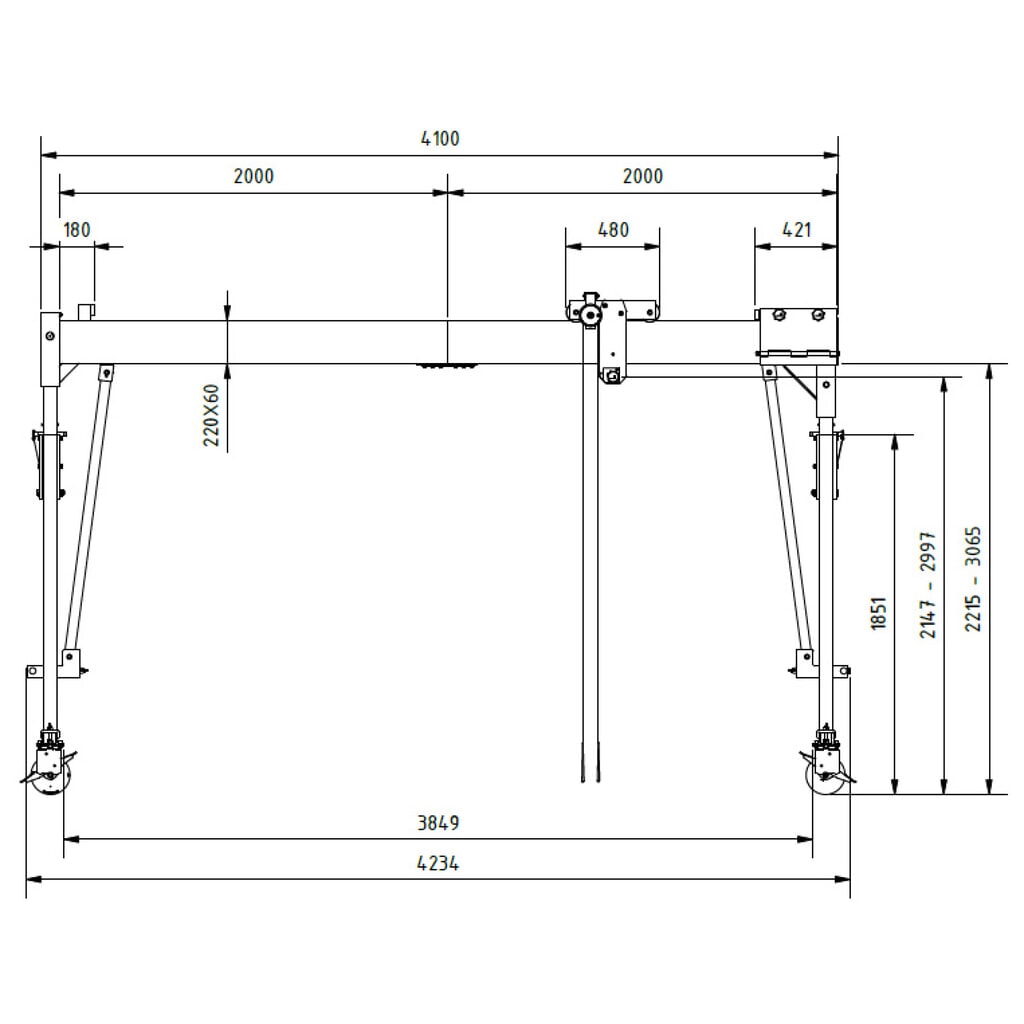 Aluminium portaalkraan met scheidbare steun, beweegbaar, ophangpunt 2.137-2.987 mm, lengte 4.000 mm, laadcapaciteit 1.500 kg Productafbeelding nr. 2: Aluminium portaalkraan met scheidbare steun, beweegbaar, ophangpunt 2.137-2.987 mm, lengte 4.000 mm, laadcapaciteit 1.500 kg