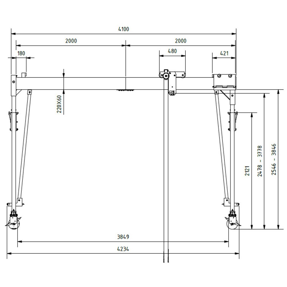 Productafbeelding nr. 3: Aluminium portaalkraan met scheidbare drager, beweegbaar, bevestigingspunt 2.468-3.768 mm, lengte 4.000 mm, laadcapaciteit 1.000 kg