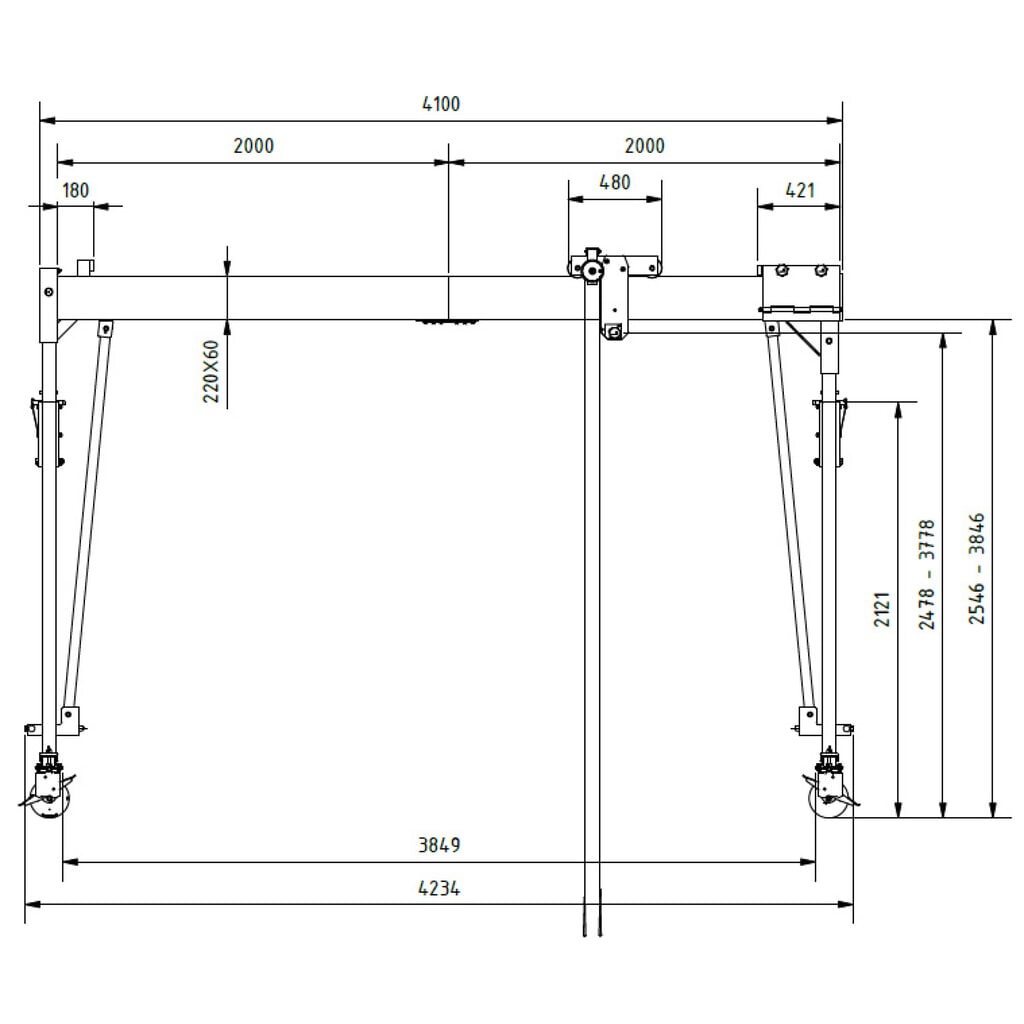 Aluminium portaalkraan met scheidbare drager, beweegbaar, bevestigingspunt 2.468-3.768 mm, lengte 4.000 mm, laadcapaciteit 1.000 kg Productafbeelding nr. 2: Aluminium portaalkraan met scheidbare drager, beweegbaar, bevestigingspunt 2.468-3.768 mm, lengte 4.000 mm, laadcapaciteit 1.000 kg