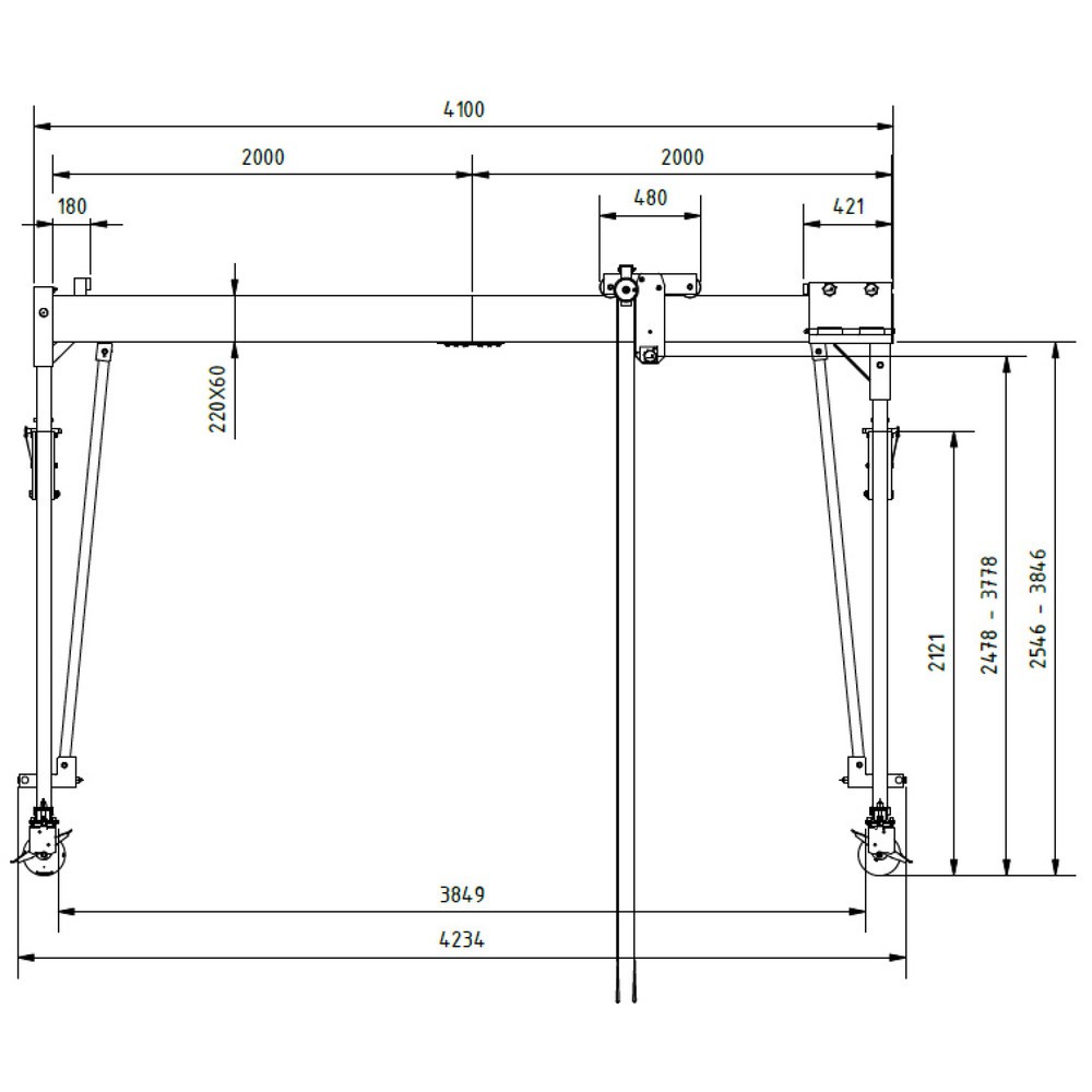 Productafbeelding nr. 3: Aluminium portaalkraan met scheidbare drager, beweegbaar, bevestigingspunt 2.468-3.768 mm, lengte 4.000 mm, laadcapaciteit 1.500 kg