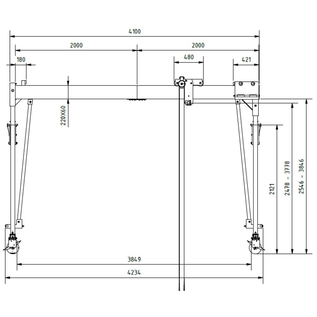 Aluminium portaalkraan met scheidbare drager, beweegbaar, bevestigingspunt 2.468-3.768 mm, lengte 4.000 mm, laadcapaciteit 1.500 kg Productafbeelding nr. 2: Aluminium portaalkraan met scheidbare drager, beweegbaar, bevestigingspunt 2.468-3.768 mm, lengte 4.000 mm, laadcapaciteit 1.500 kg