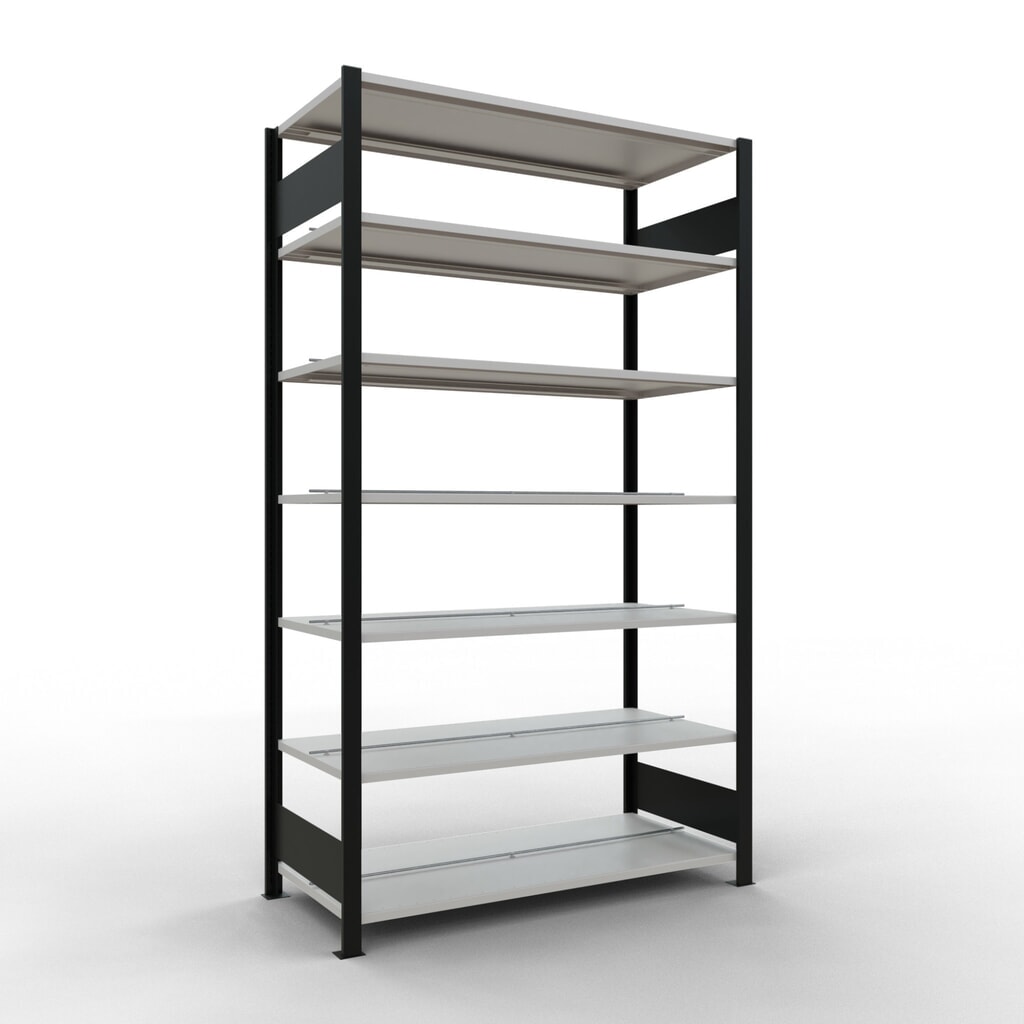 Archiefstelling SCHULTE BV, dubbelzijdig, met middenaanslagen, VL 150 kg, zwart, hxbxd 2.300 x 1.300 x 600 mm Product afbeelding: Archiefstelling SCHULTE BV, dubbelzijdig, met middenaanslagen, VL 150 kg, zwart, hxbxd 2.300 x 1.300 x 600 mm