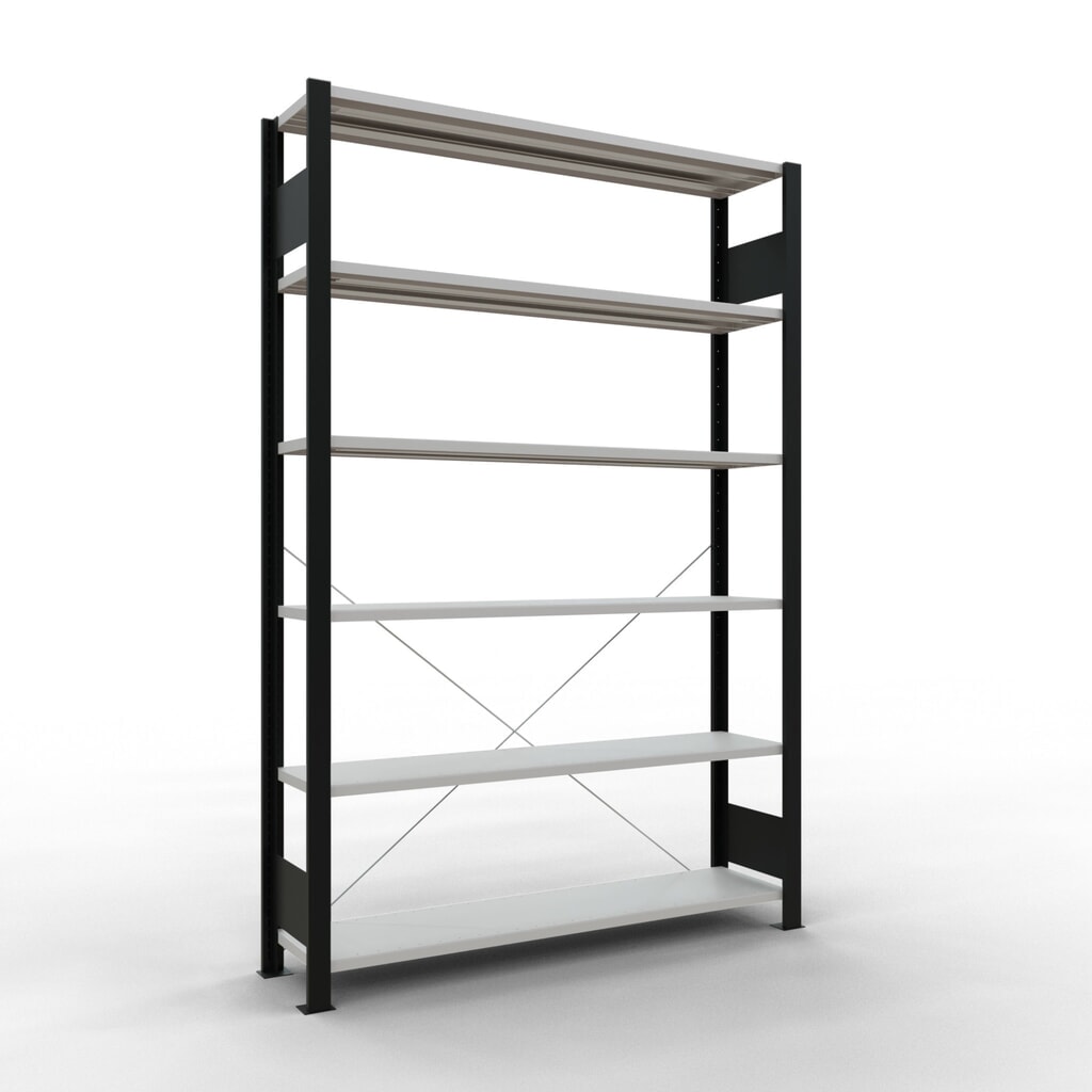 Archiefstelling SCHULTE BV, eenzijdig, zonder eindaanslagen, VL 85 kg, zwart, hxbxd 2.000 x 1.300 x 300 mm Product afbeelding: Archiefstelling SCHULTE BV, eenzijdig, zonder eindaanslagen, VL 85 kg, zwart, hxbxd 2.000 x 1.300 x 300 mm