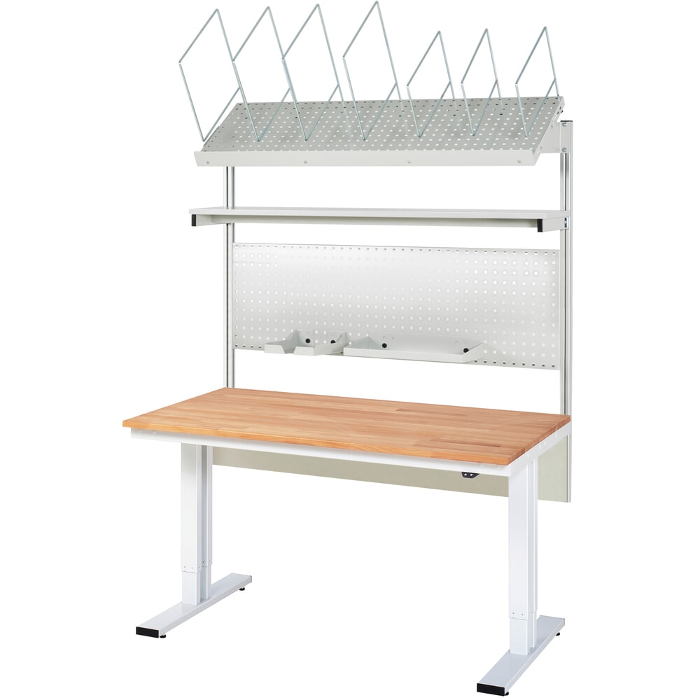 Product afbeelding: RAU elektrisch in hoogte verstelbare paktafel-set adlatus 300, opbouw met opbergsysteem voor verpakkingsmateriaal en geperforeerde plaat, hxbxd 1.850‑2.250 mm x 1.500 mm x 800 mm