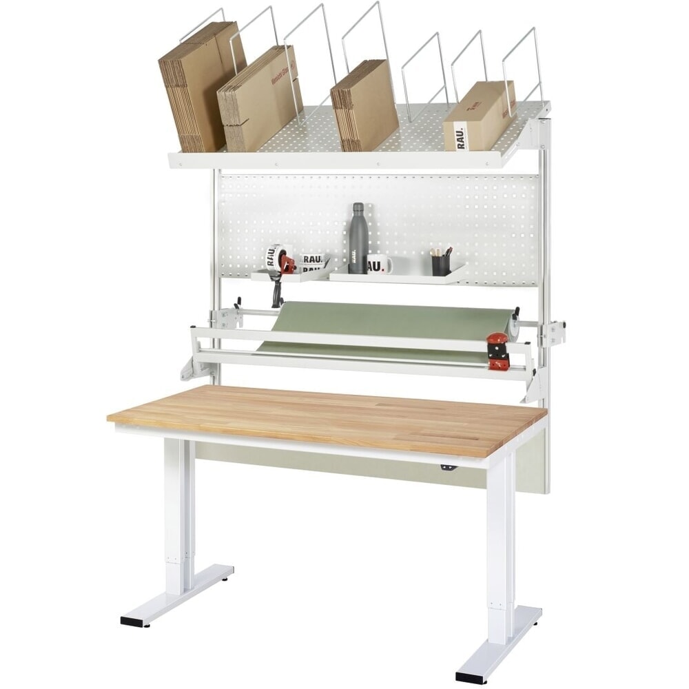 Productafbeelding nr. 13: RAU elektrisch in hoogte verstelbare paktafel-set adlatus 300, opbouw met opbergsysteem voor verpakkingsmateriaal, geperforeerde plaat en snijapparaat, hxbxd 1.850‑2.250 mm x 1.500 mm x 800 mm
