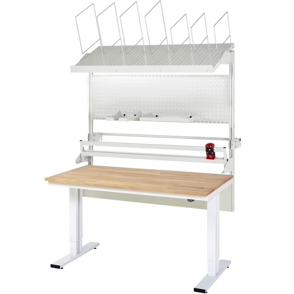 Product afbeelding: RAU elektrisch in hoogte verstelbare paktafel-set adlatus 300, opbouw met opbergsysteem voor verpakkingsmateriaal, geperforeerde plaat en snijapparaat, hxbxd 1.850‑2.250 mm x 1.500 mm x 800 mm