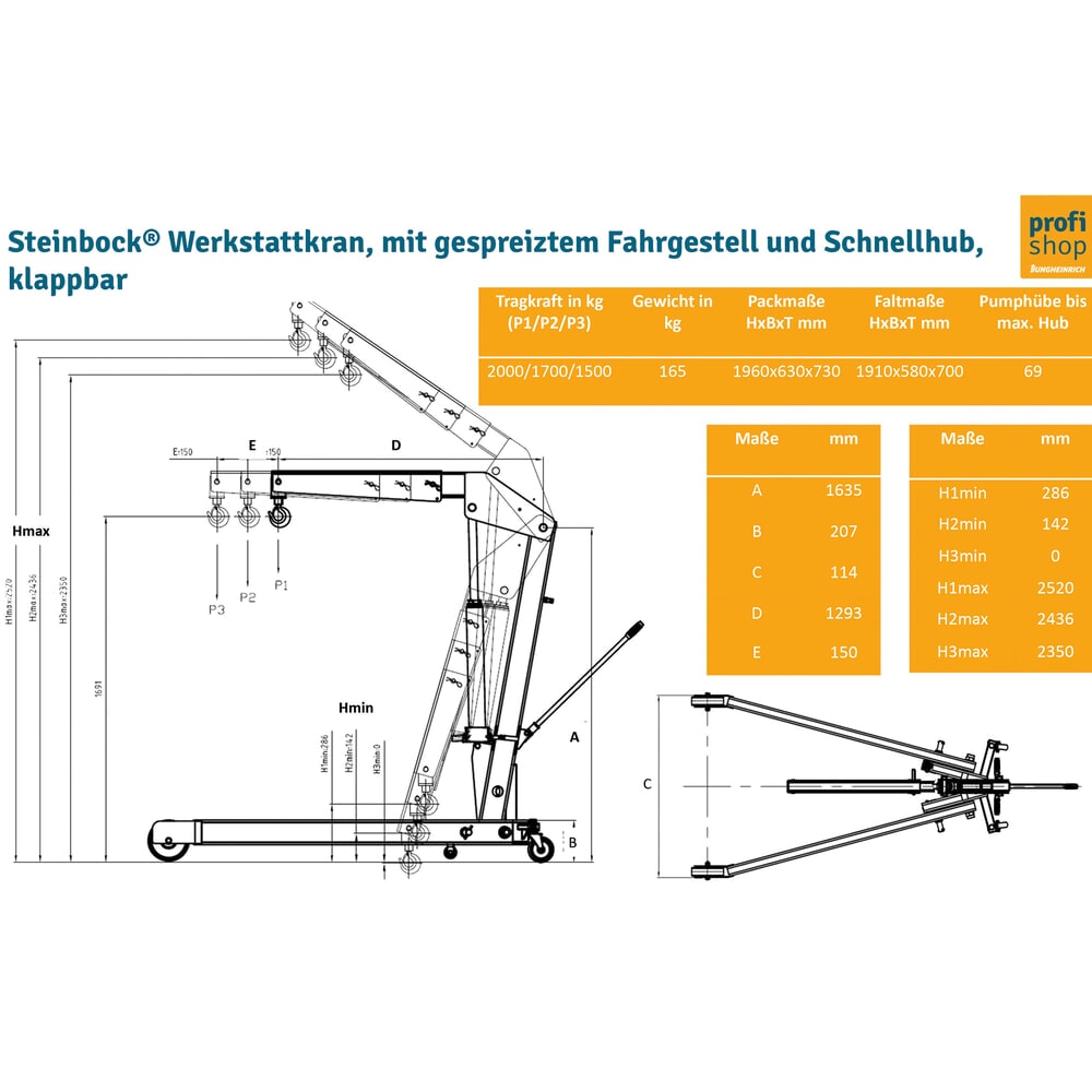 Productafbeelding nr. 5: Steinbock® Werkplaatskraan met gespreid frame en snelhef, inklapbaar, cap. 1.500-2.000 kg