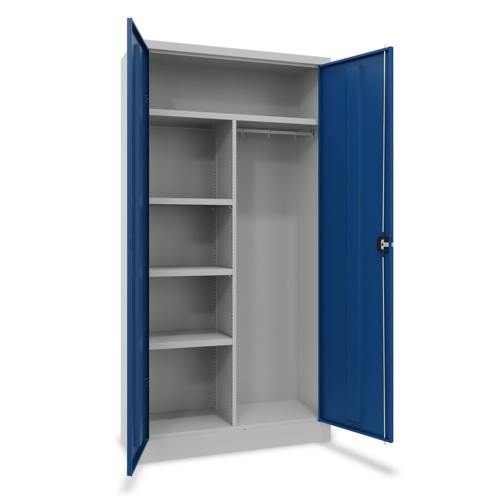 Product afbeelding: PAVOY draaideurkast met hoedenplank, scheidingswand, gepoedercoate legborden en kledingstang, hxbxd 1.950 x 1.000 x 400 mm, lichtgrijs/gentiaanblauw