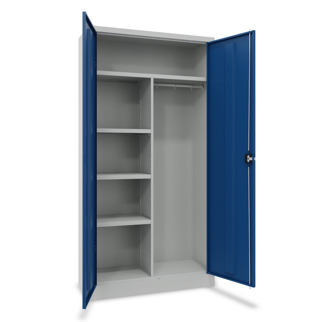 PAVOY draaideurkast met hoedenplank, scheidingswand, gepoedercoate legborden en kledingstang, hxbxd 1.950 x 1.000 x 400 mm, lichtgrijs/gentiaanblauw Product afbeelding: PAVOY draaideurkast met hoedenplank, scheidingswand, gepoedercoate legborden en kledingstang, hxbxd 1.950 x 1.000 x 400 mm, lichtgrijs/gentiaanblauw