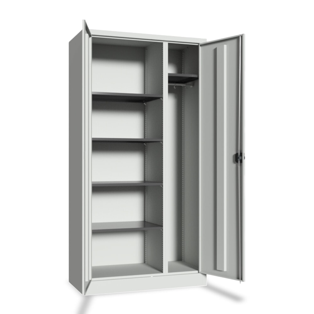 Product afbeelding: PAVOY schoonmaakkast met scheidingswand, verzinkte legborden en kledingstang, hxbxd 1.950 x 1.000 x 400 mm, lichtgrijs/lichtgrijs