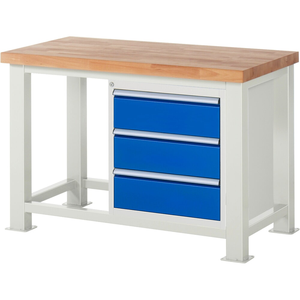 Product afbeelding: RAU werkbank voor zware lasten, met massief werkblad van beukenhout, draagvermogen 2.500 kg, met 3 lades, hxbxd 850 mm x 1.250 mm x 700 mm