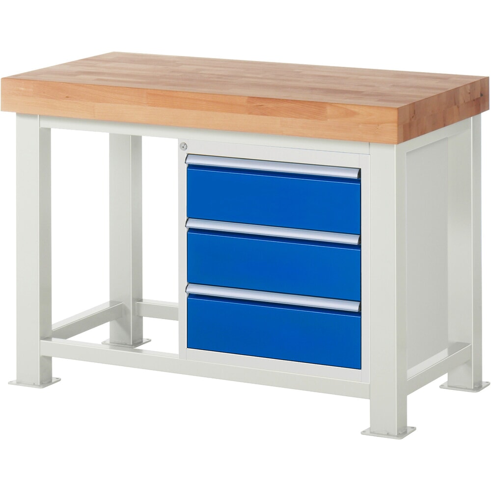 Product afbeelding: RAU werkbank voor zware lasten, met massief werkblad van beukenhout, draagvermogen 4.500 kg, met 3 lades, hxbxd 900 mm x 1.250 mm x 700 mm
