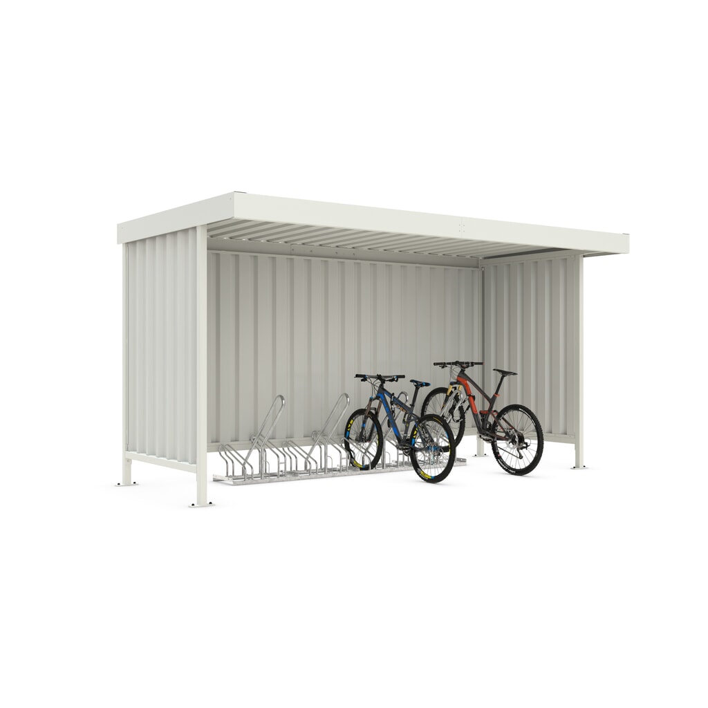 wsm® fietsoverkapping Leipzig, plat dak met attiek, voor 8 fietsen Product afbeelding: wsm® fietsoverkapping Leipzig, plat dak met attiek, voor 8 fietsen