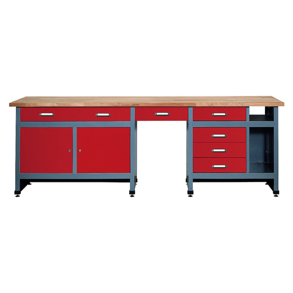 Product afbeelding: Werkbank met ladeblok + 2 deuren + opbergvak, bxd 2.400 x 600 mm, rood