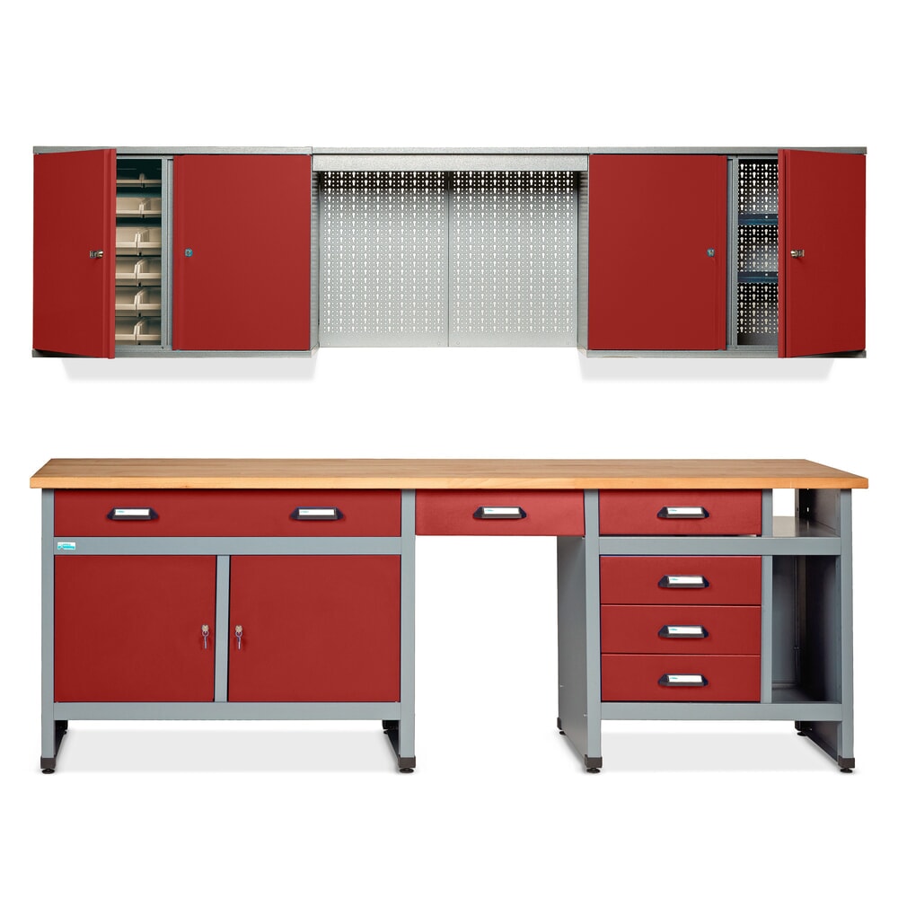 Product afbeelding: Werkplaatsset Meran 2-delig, hangkast + werkbank + geperforeerde wand, breedte 2.400 mm, rood