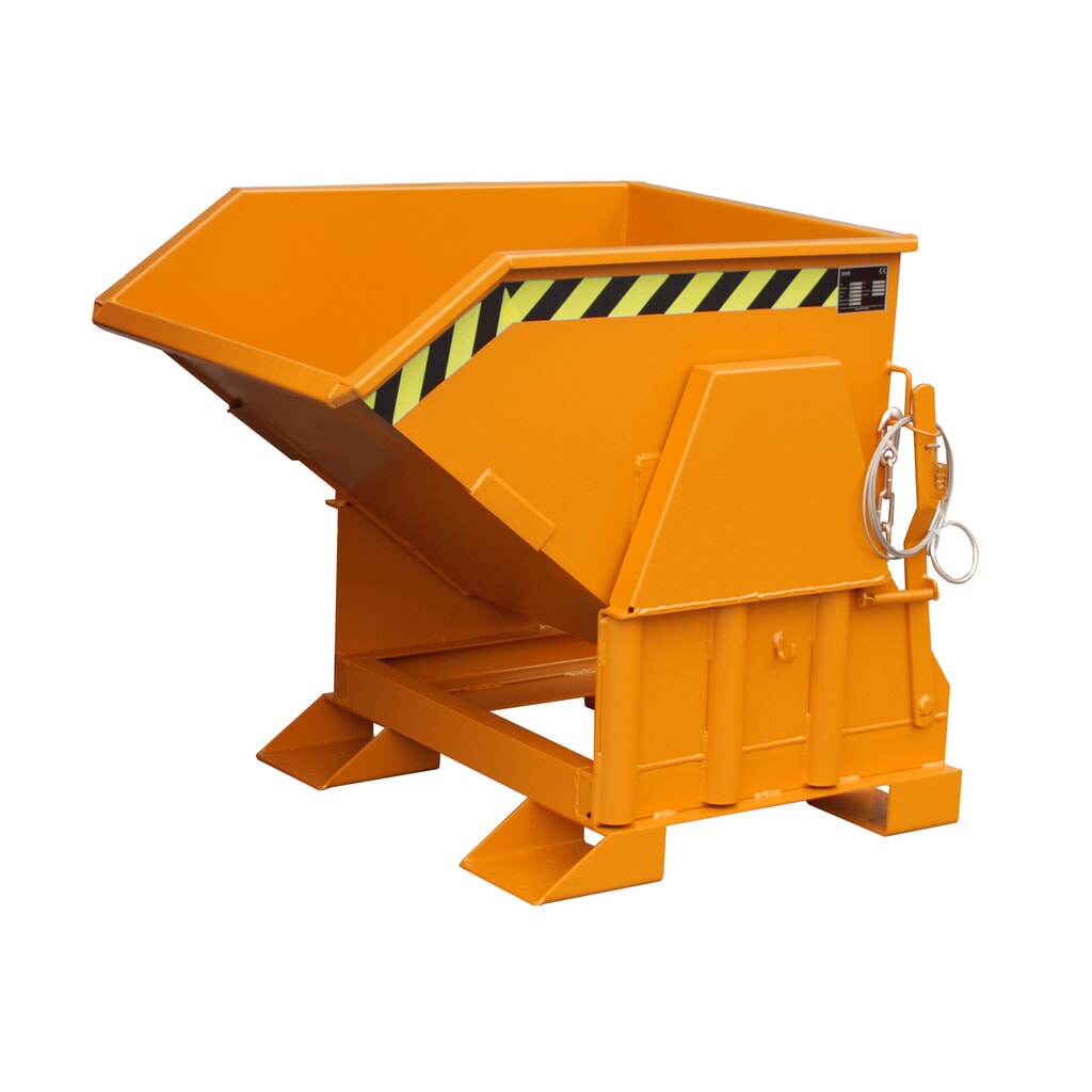 Bauer® Kantelbak met afrolmechanisme Premium, brede bouwvorm, gelakt, zonder deksel, volume 0,3 m³, RAL 2000 geeloranje Product afbeelding: Bauer® Kantelbak met afrolmechanisme Premium, brede bouwvorm, gelakt, zonder deksel, volume 0,3 m³, RAL 2000 geeloranje