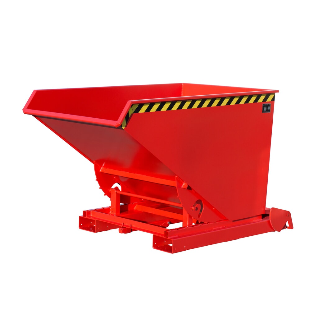 Bauer® Kantelbak met automatisch afrolmechanisme, cap. 1.500 kg, gelakt, volume 1,2 m³, RAL 3000 vuurrood Product afbeelding: Bauer® Kantelbak met automatisch afrolmechanisme, cap. 1.500 kg, gelakt, volume 1,2 m³, RAL 3000 vuurrood