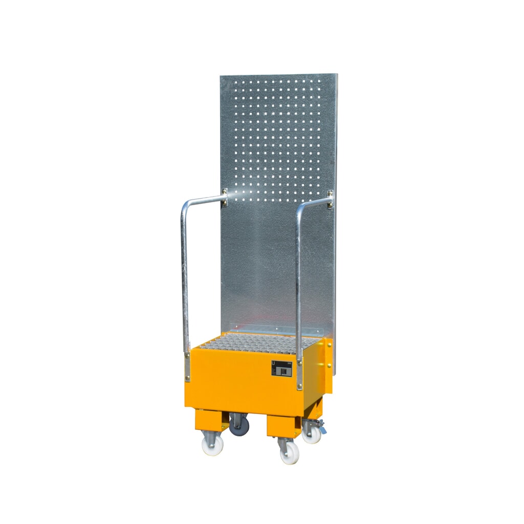 Bauer® lekbak van staal met geperforeerde plaat, verrijdbaar, 1x 60 l, hxbxd 1.775 x 1.775 x 590 mm, geel-oranje Product afbeelding: Bauer® lekbak van staal met geperforeerde plaat, verrijdbaar, 1x 60 l, hxbxd 1.775 x 1.775 x 590 mm, geel-oranje