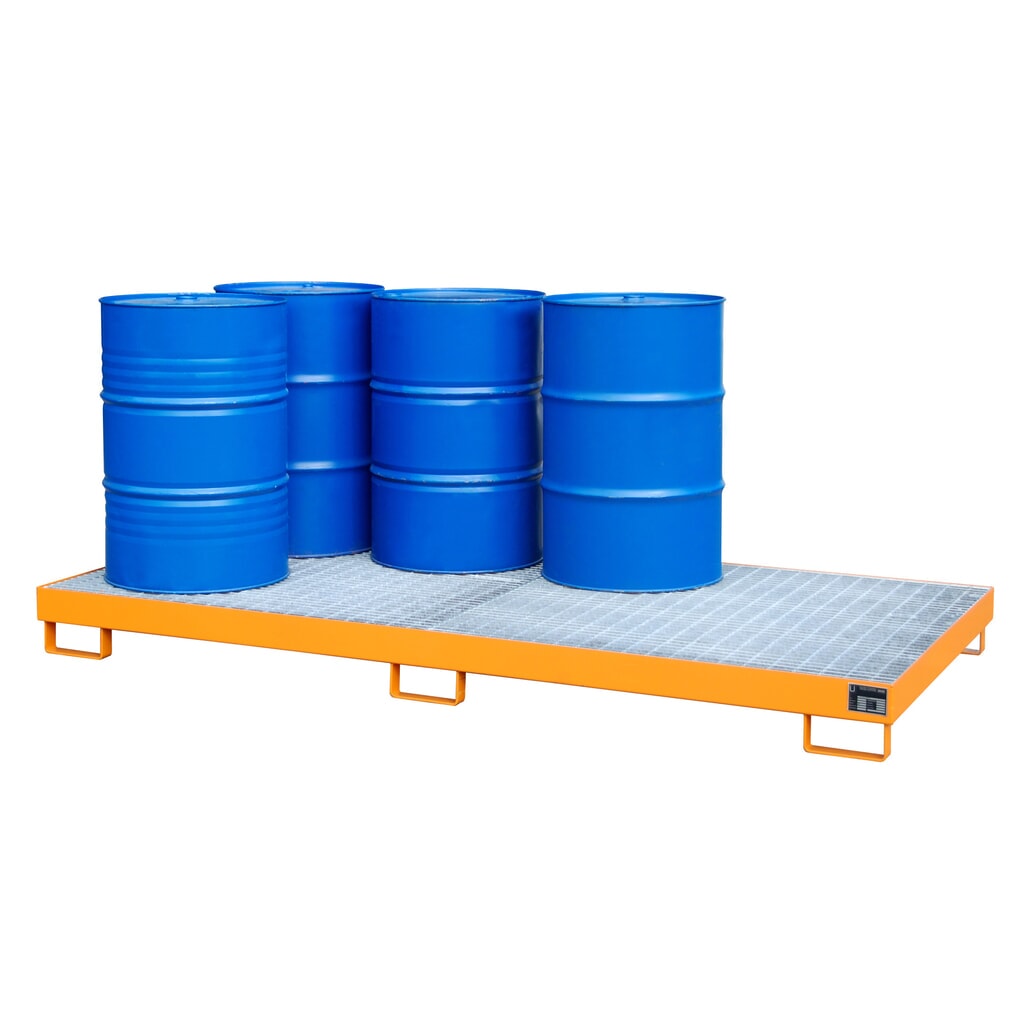 Bauer® lekbak van staal met groot volume, hxbxd 210 x 2650 x 1300 mm, 8x 200 l, geel-oranje Product afbeelding: Bauer® lekbak van staal met groot volume, hxbxd 210 x 2650 x 1300 mm, 8x 200 l, geel-oranje