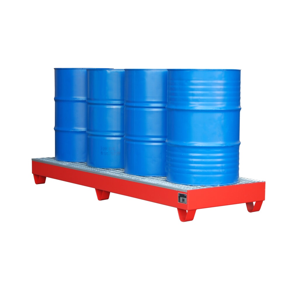 Bauer® lekbak van staal, vrije ruimte 100 mm, hxbxd 250 x 2.400 x 800 mm, incl. rooster, 4x 200 l, vuurrood Product afbeelding: Bauer® lekbak van staal, vrije ruimte 100 mm, hxbxd 250 x 2.400 x 800 mm, incl. rooster, 4x 200 l, vuurrood