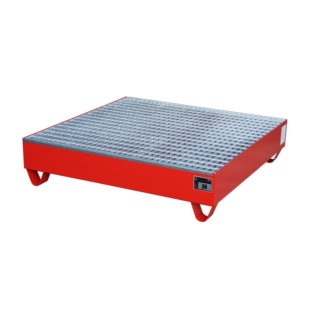 Bauer® lekbak van staal, vrije ruimte 100 mm, hxbxd 285 x 1.200 x 1.200 mm, incl. rooster, 4x 200 l, vuurrood Product afbeelding: Bauer® lekbak van staal, vrije ruimte 100 mm, hxbxd 285 x 1.200 x 1.200 mm, incl. rooster, 4x 200 l, vuurrood