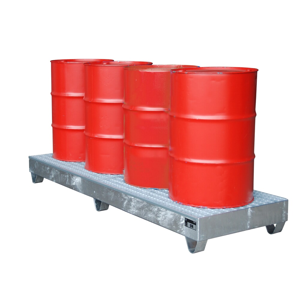 Bauer® lekbak van staal, vrije ruimte 100 mm, hxbxd 250 x 2.400 x 800 mm, incl. rooster, 4x 200 l, thermisch verzinkt Product afbeelding: Bauer® lekbak van staal, vrije ruimte 100 mm, hxbxd 250 x 2.400 x 800 mm, incl. rooster, 4x 200 l, thermisch verzinkt