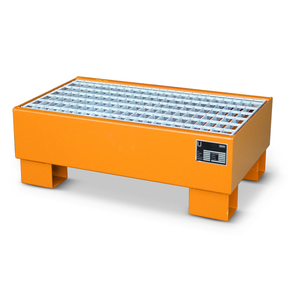 Bauer® lekbak van staal, voor 2 vaten van 60 liter, opvangvolume 61 l, incl. rooster, geel-oranje Product afbeelding: Bauer® lekbak van staal, voor 2 vaten van 60 liter, opvangvolume 61 l, incl. rooster, geel-oranje