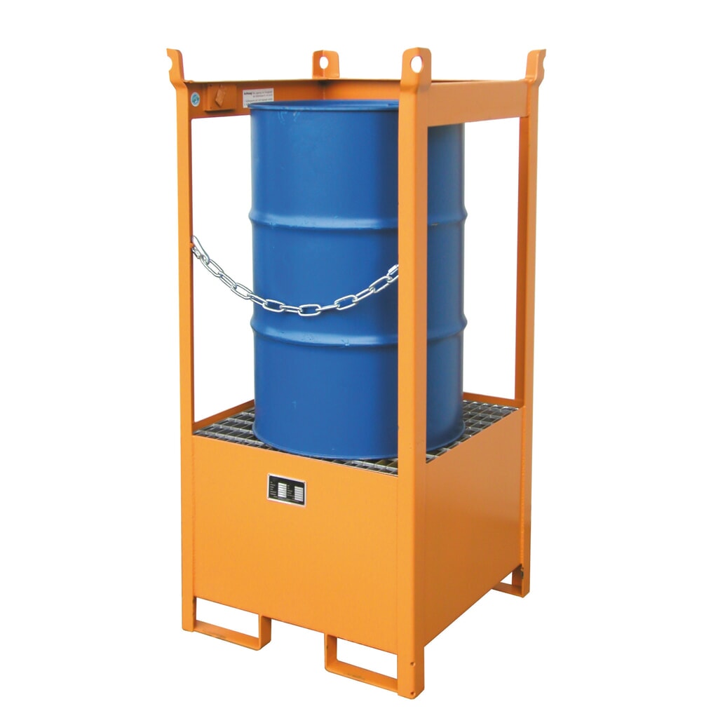 Bauer® Opslag-/transportpallet op lekbak, hxbxd 1.590 x 760 x 760 mm, open, geeloranje Product afbeelding: Bauer® Opslag-/transportpallet op lekbak, hxbxd 1.590 x 760 x 760 mm, open, geeloranje