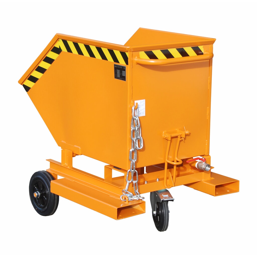 Bauer® Spanenkantelbak, gelijkvloerse losmogelijkheid, gelakt, volume 0,25 m³, met inrijkokers, RAL 2000 geeloranje Product afbeelding: Bauer® Spanenkantelbak, gelijkvloerse losmogelijkheid, gelakt, volume 0,25 m³, met inrijkokers, RAL 2000 geeloranje