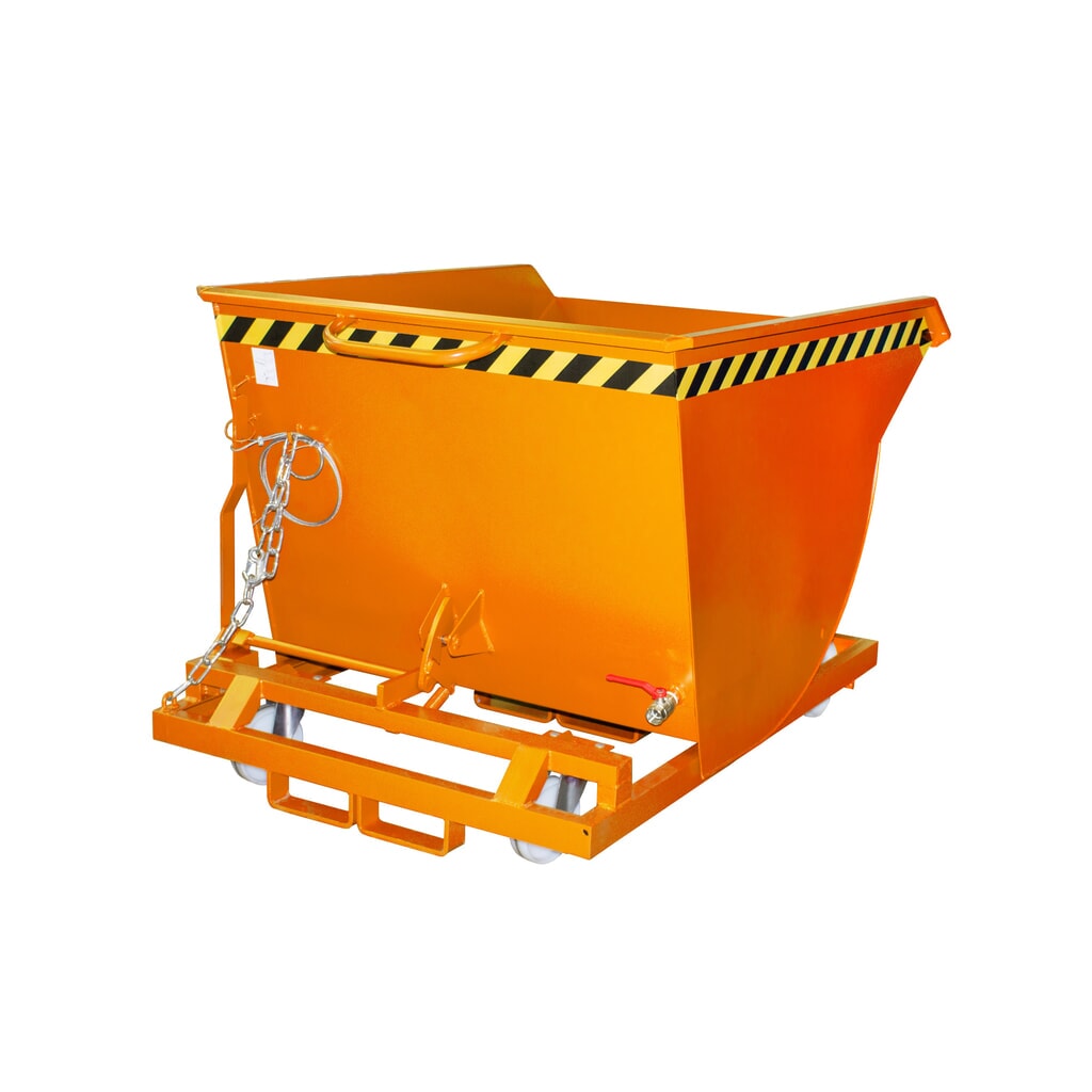 Bauer® Spanenkantelbak, lage bouwhoogte, met inrijkokers, gelakt, volume 0,5 m³, RAL 2000 geeloranje Product afbeelding: Bauer® Spanenkantelbak, lage bouwhoogte, met inrijkokers, gelakt, volume 0,5 m³, RAL 2000 geeloranje