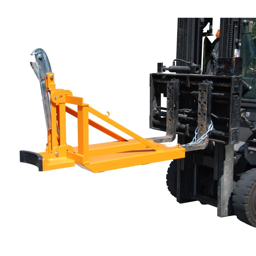 Bauer® vatgrijper, stalen en kunststof L-ringvaten, heftruckaanbouw, draagvermogen 800 kg, RAL 2000 geeloranje Product afbeelding: Bauer® vatgrijper, stalen en kunststof L-ringvaten, heftruckaanbouw, draagvermogen 800 kg, RAL 2000 geeloranje