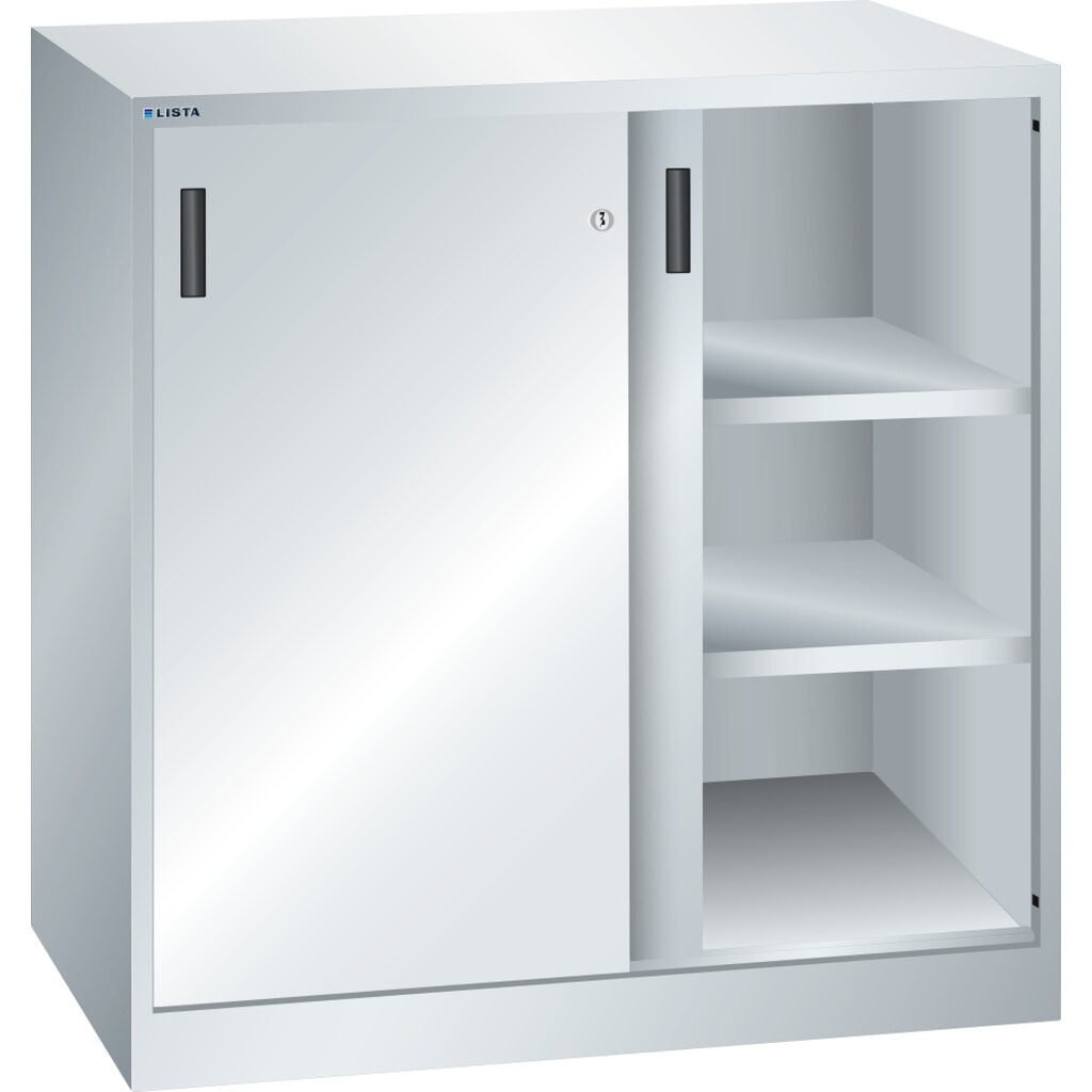 Bijzetkast LISTA met schuifdeuren, (bxdxh) 1000x500x1000 mm, 2 verstelbare legborden, lichtgrijs Product afbeelding: Bijzetkast LISTA met schuifdeuren, (bxdxh) 1000x500x1000 mm, 2 verstelbare legborden, lichtgrijs